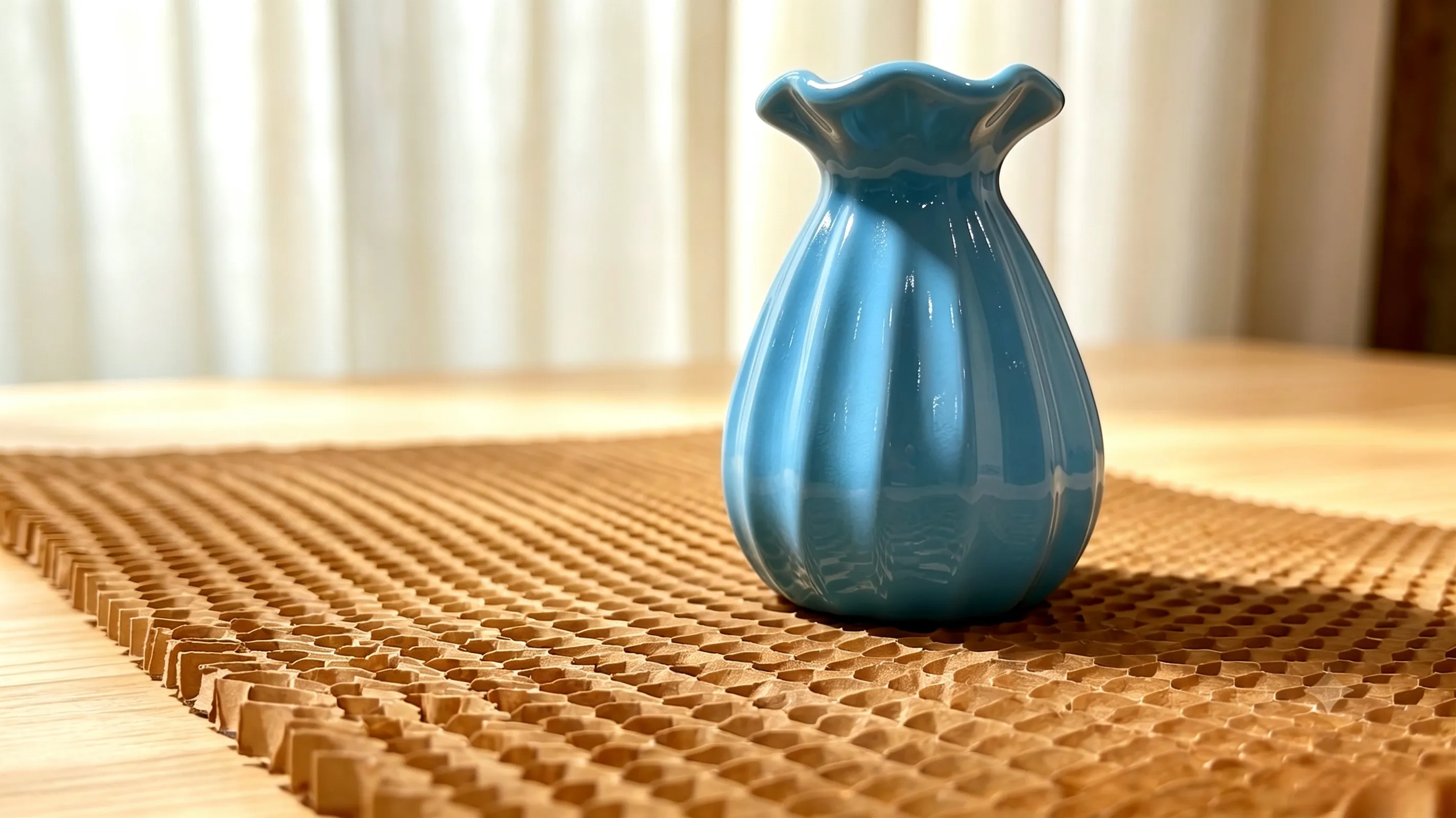 蓝色陶瓷花瓶放在3D立体蜂窝纸上展示承托缓冲效果实拍