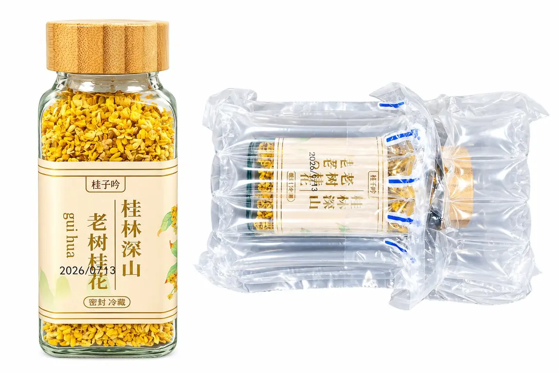 桂花茶玻璃罐与充气柱包装实拍_环保缓冲包装方案对比